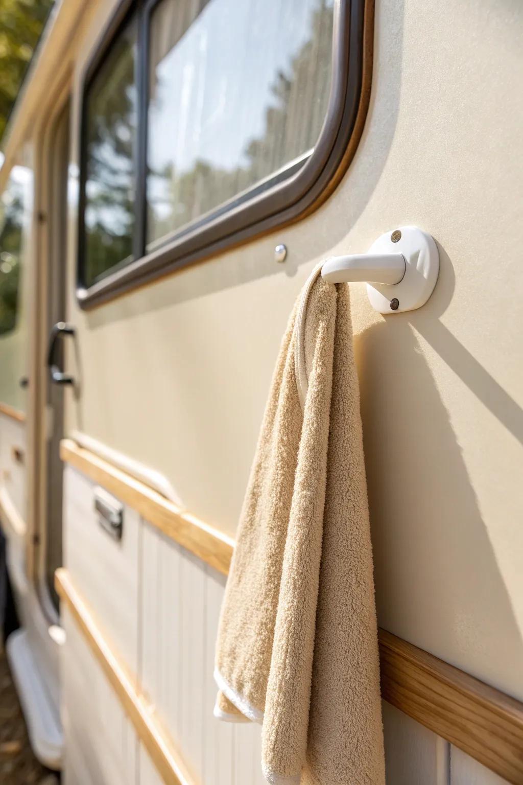 No-drill adhesive hook = instant RV bathroom storage—pretty, minimal, and humidity-ready.