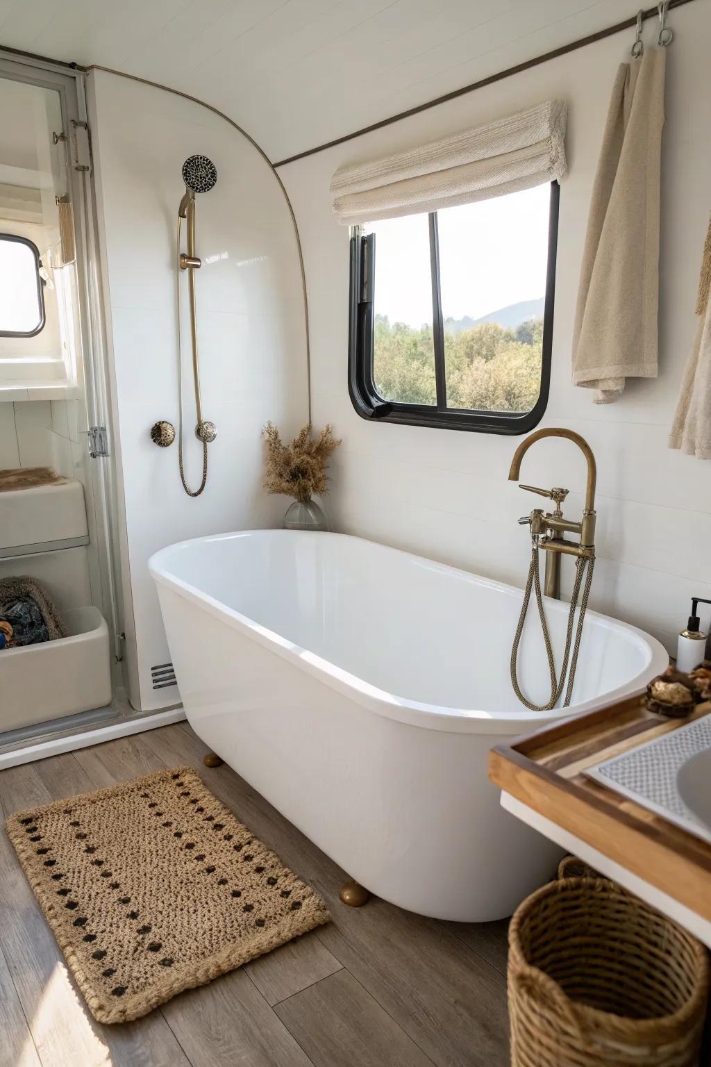 Keep your RV tub and shower together—one clean setup that saves space and boosts resale.