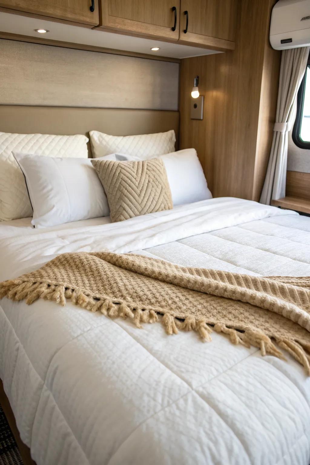 Layered neutrals turn an RV mattress into a tiny luxury hotel—crisp sheets, fluffy duvet, textured throw.