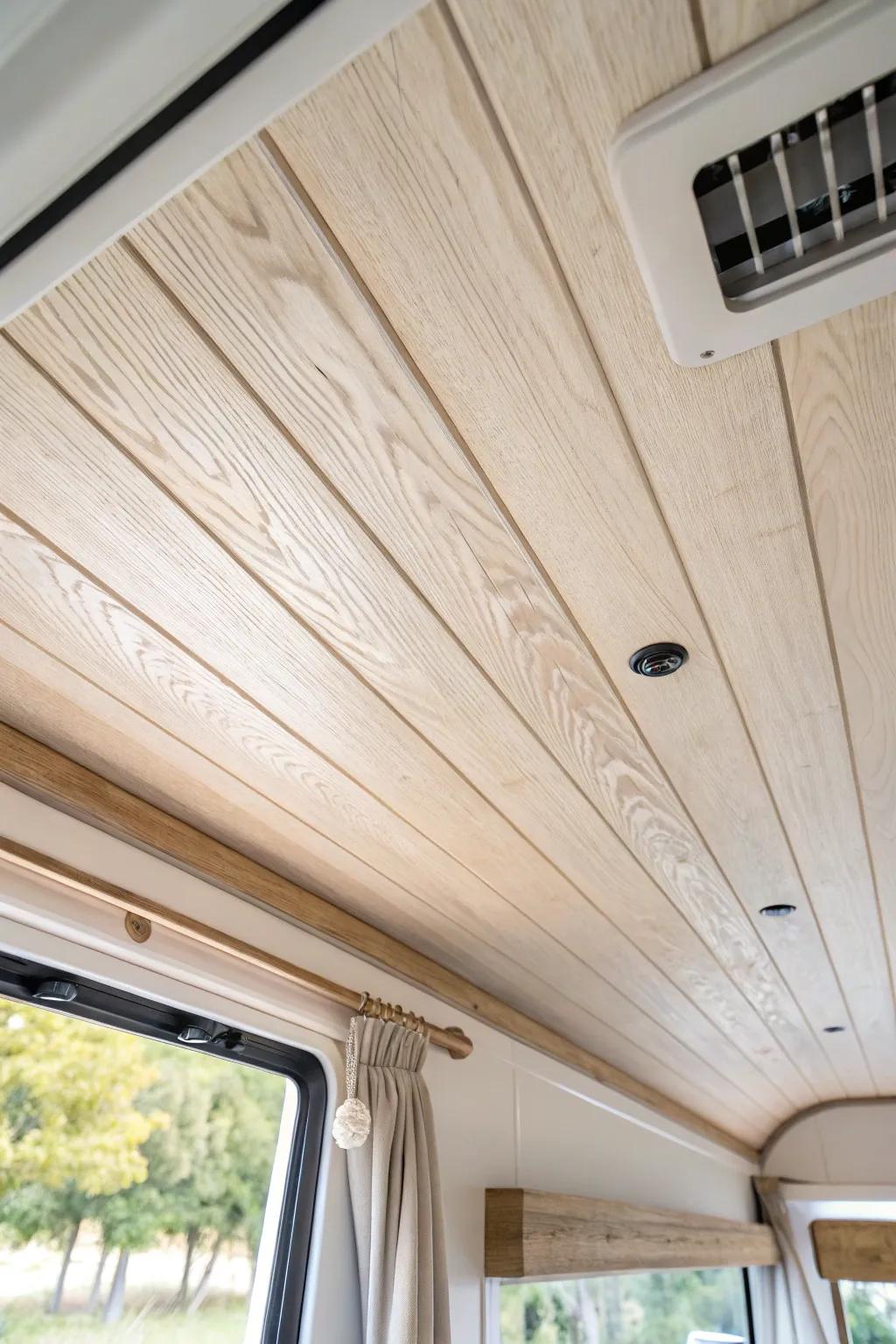 Light wood planks add instant cozy cabin warmth to your RV ceiling—bright, natural, and chic.