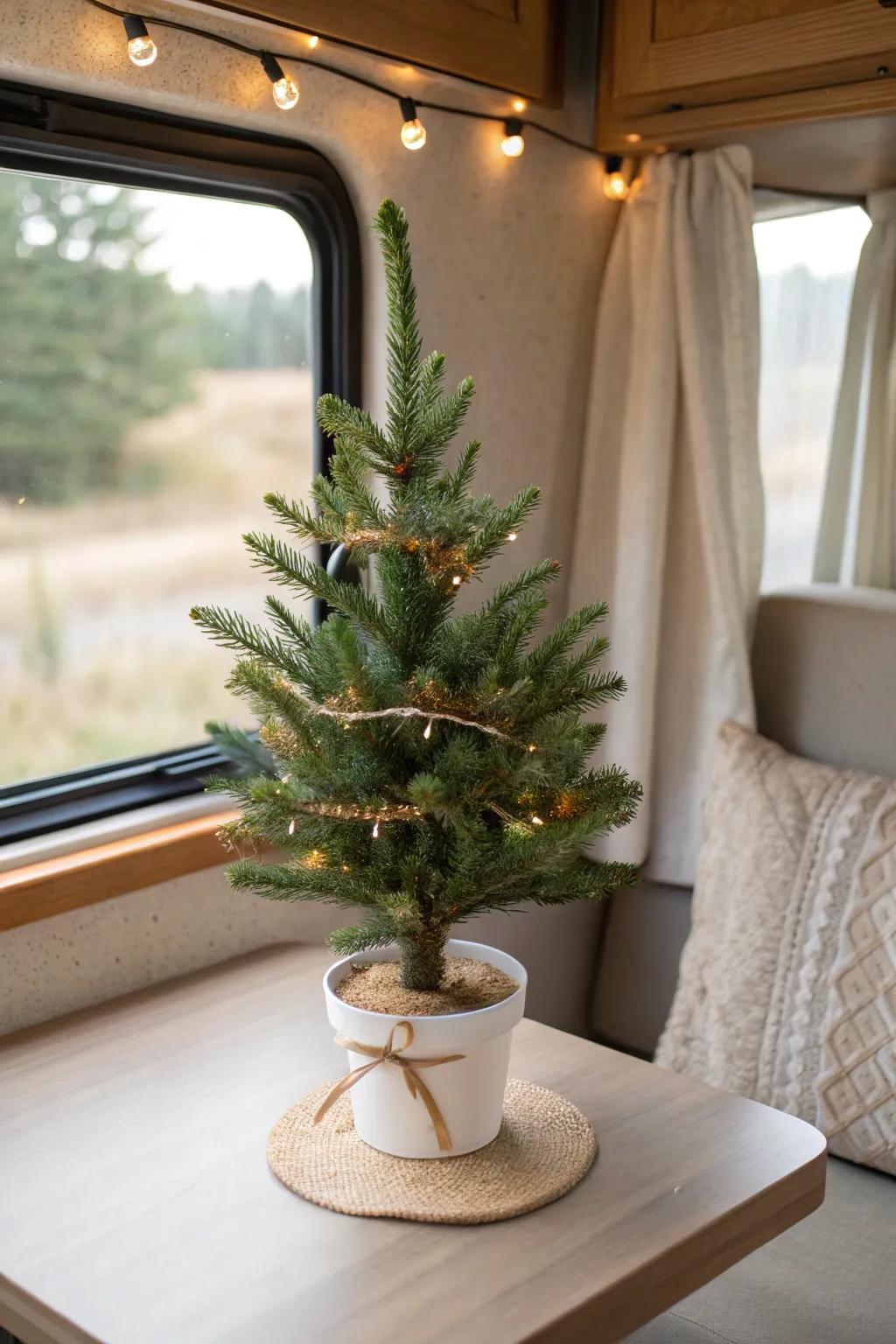 Slim mini tree on the RV dinette corner—cozy Christmas charm with zero floor clutter.