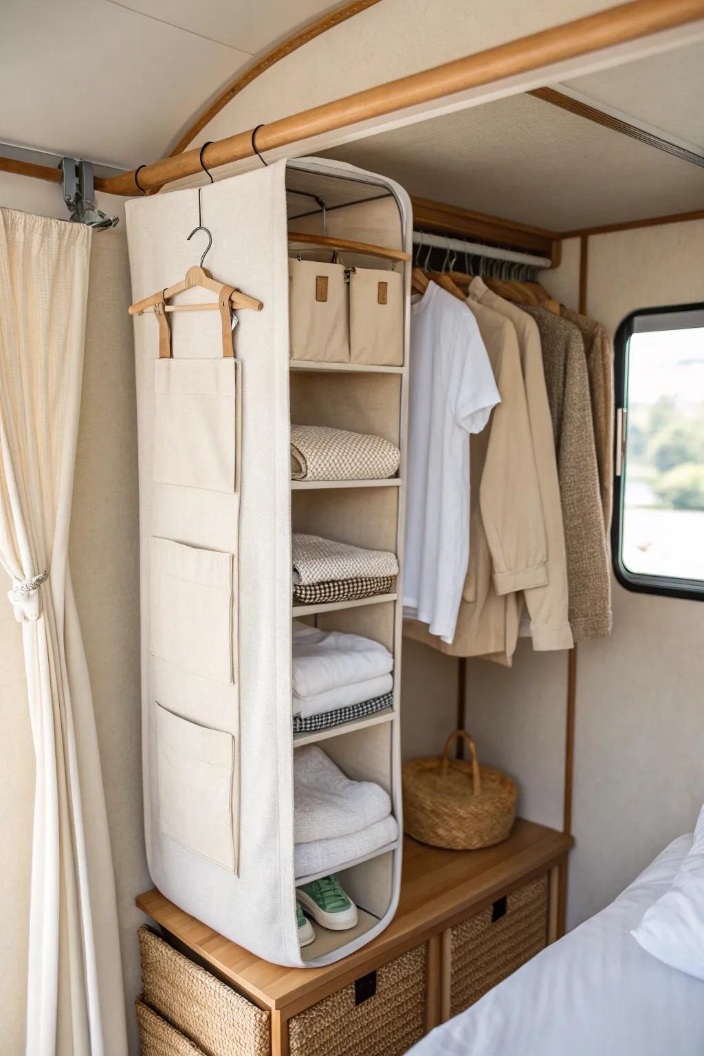 Instant RV wardrobe cubbies—hang a fabric shelf organizer for tidy tees and workout gear.
