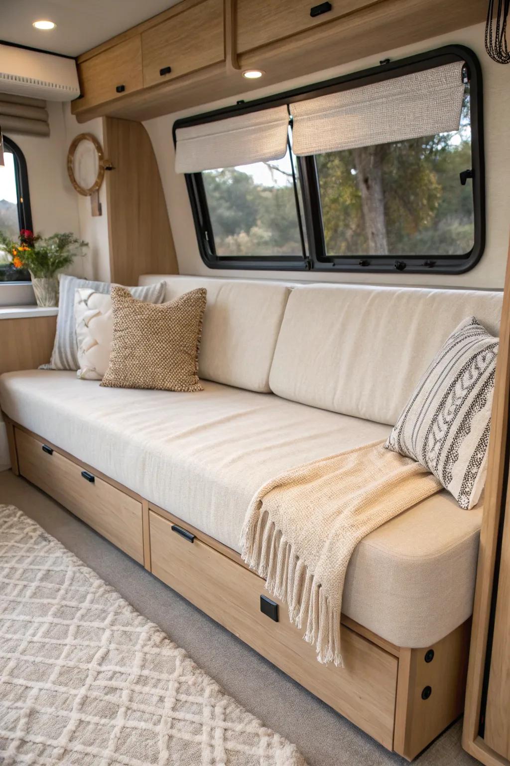 A compact RV sleeper sofa that flips to a cozy bed—stylish, simple, guest-ready for overnights.