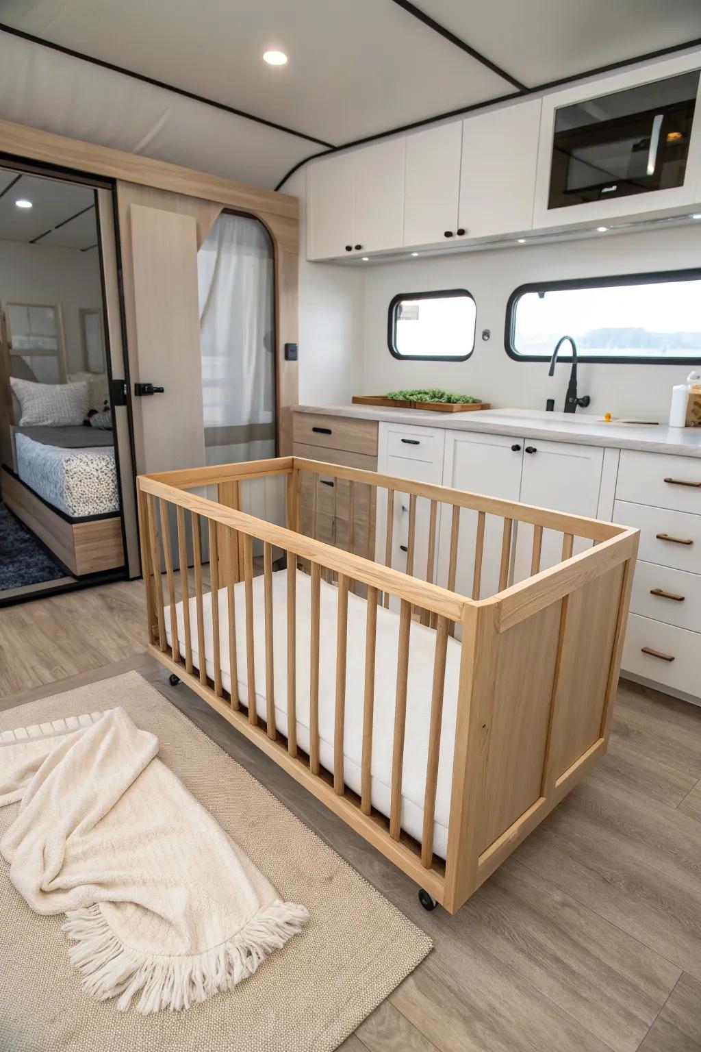 Portable play yard on the slide-out—an instant RV nursery that keeps the rest of your space open.