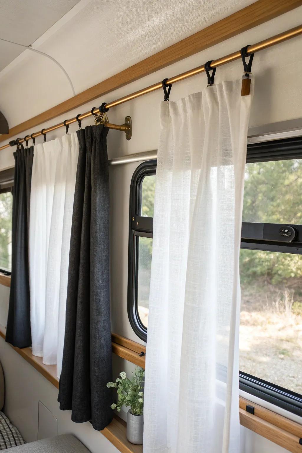 Layer sheers over blackouts for soft daytime glow and full nighttime privacy in a tiny RV.