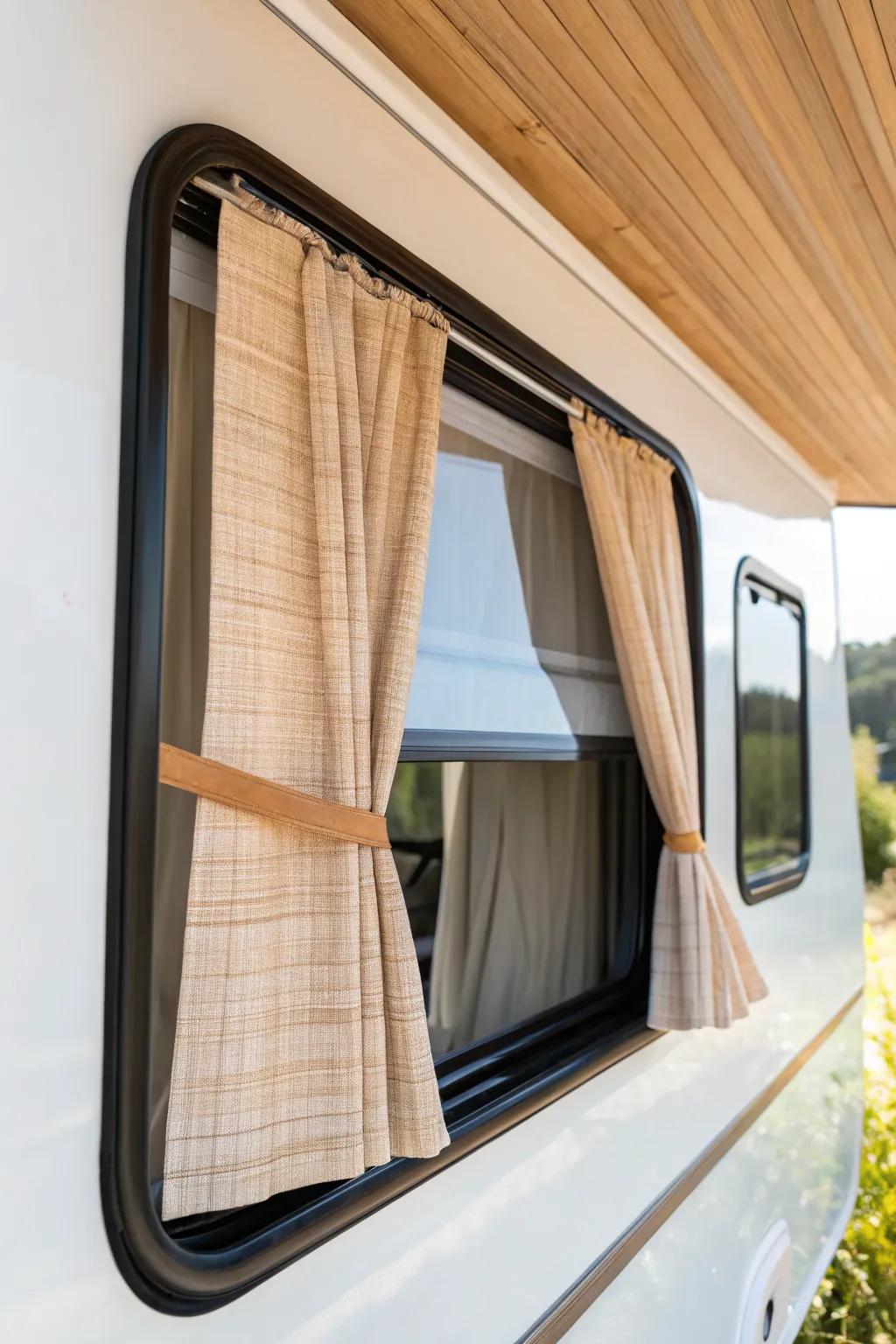 Layered linen + bamboo shades make tiny RV windows feel taller, brighter, and private.