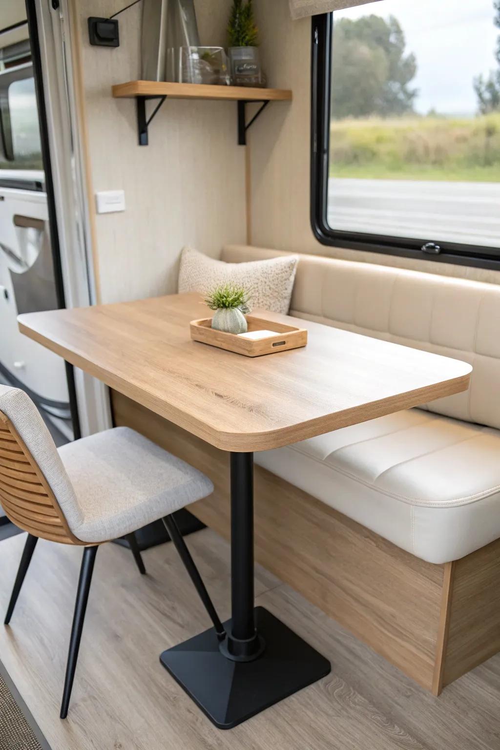 Half-booth, half-chairs: a slim oak RV table that stays cozy, flexible, and easy to move.