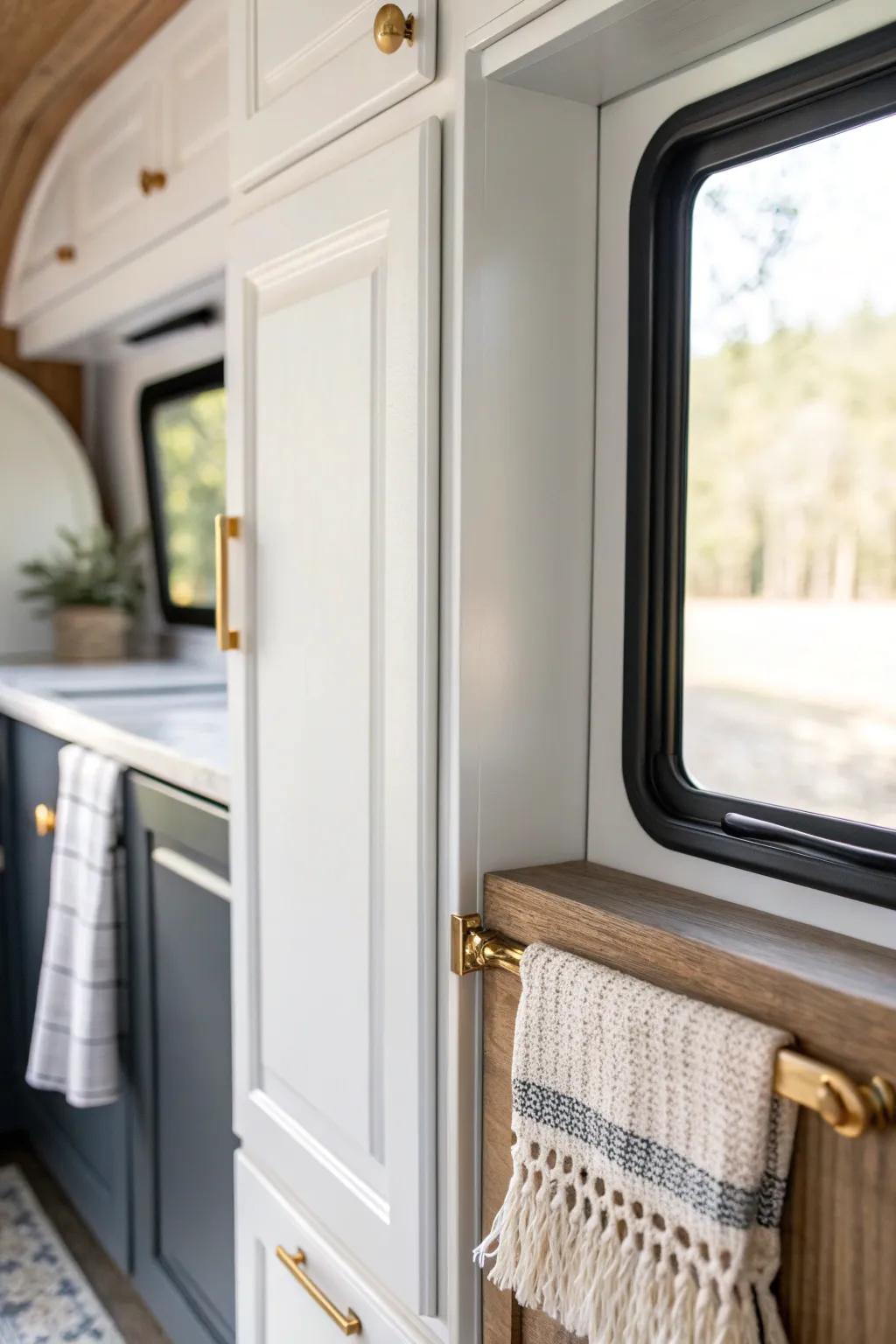 Painted RV cabinets = instant refresh: bright white uppers paired with darker lowers for cozy contrast.