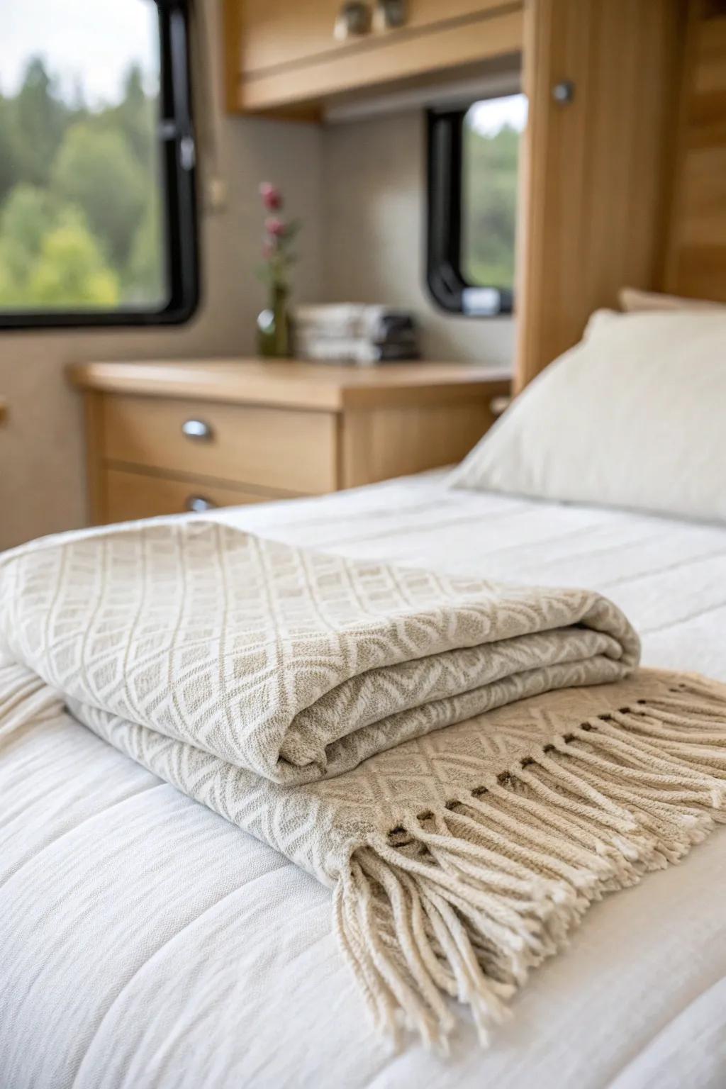 Layer a smooth quilt with one textured throw for instant cozy styling in a small RV master.