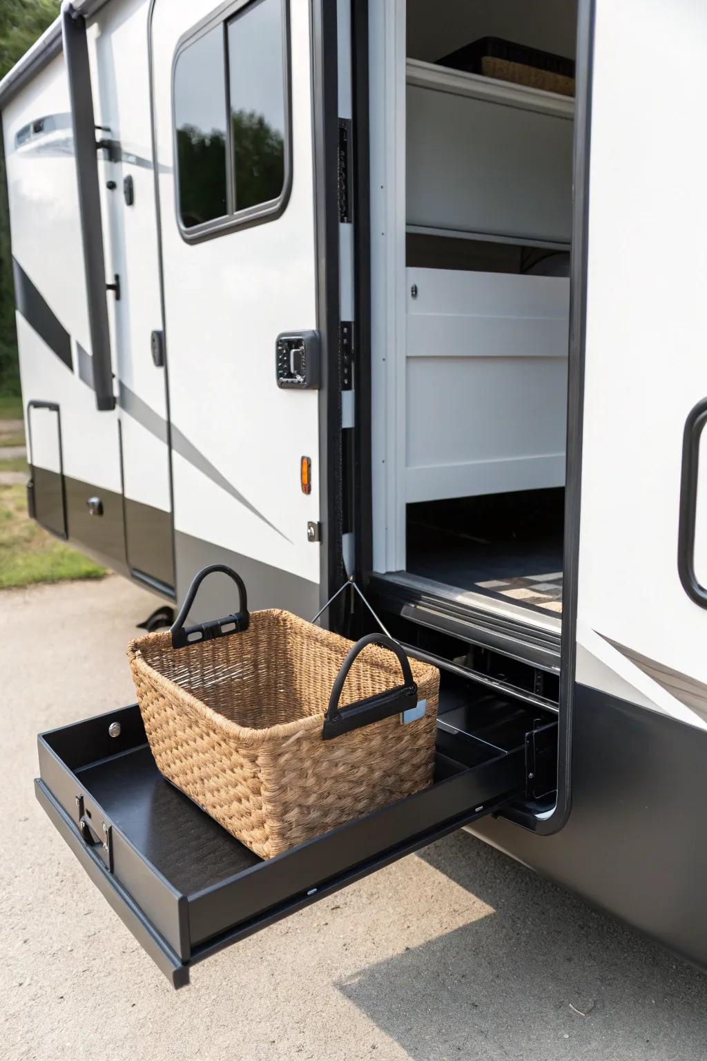 Add a slide-out cargo tray so heavy gear glides to you—no crawling into the RV bay.