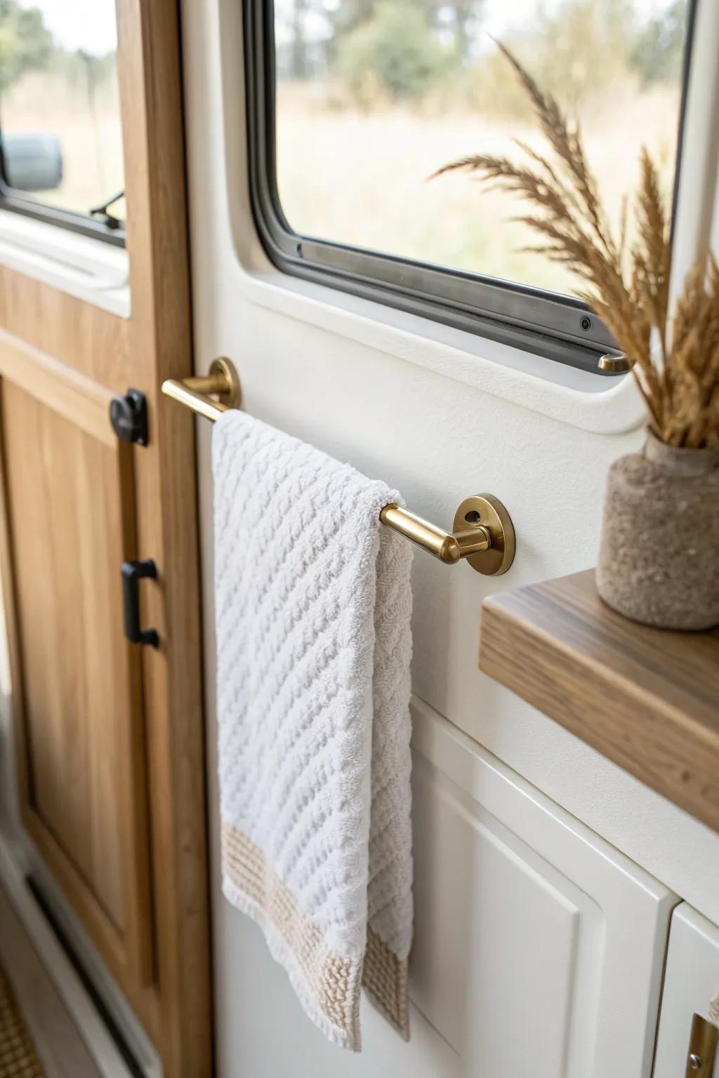 Mount a single towel bar into the door trim for a sturdy, space-saving RV bathroom upgrade.