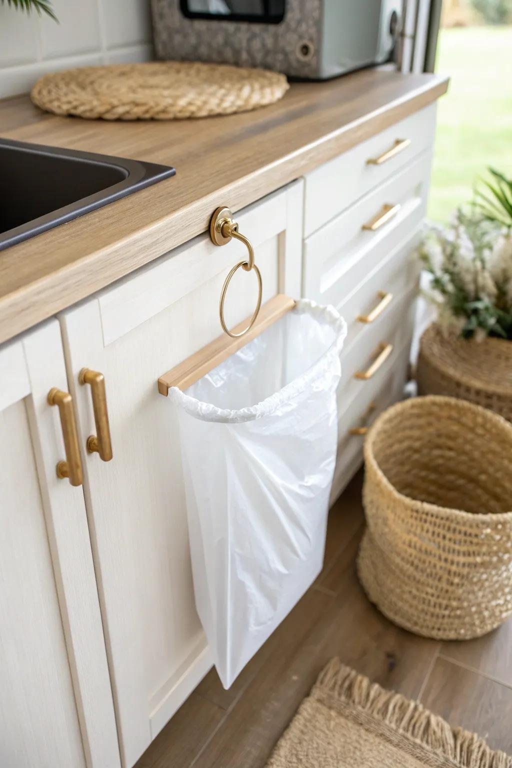 A sleek over-the-door bag holder keeps RV cleanup easy—no bulky bin, just grab-and-go.