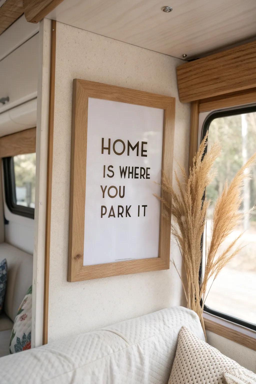 A feather-light oak quote frame brings cozy Scandinavian calm to any RV wall without clutter.