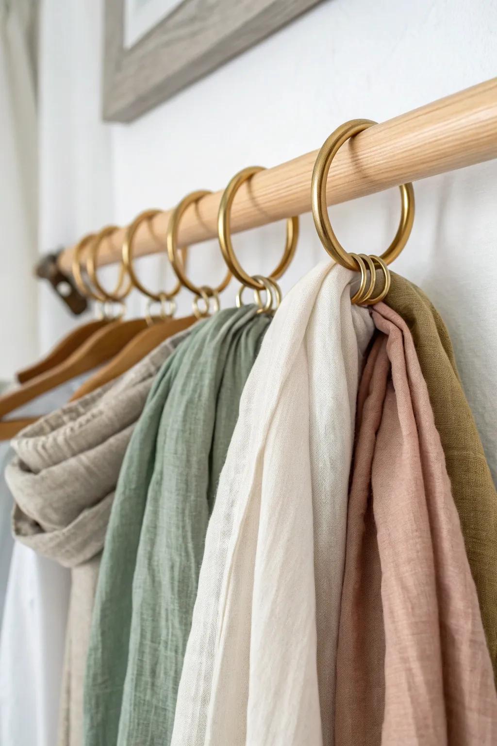 DIY scarf organizer: shower rings on a hanger for a chic, space-saving closet upgrade.