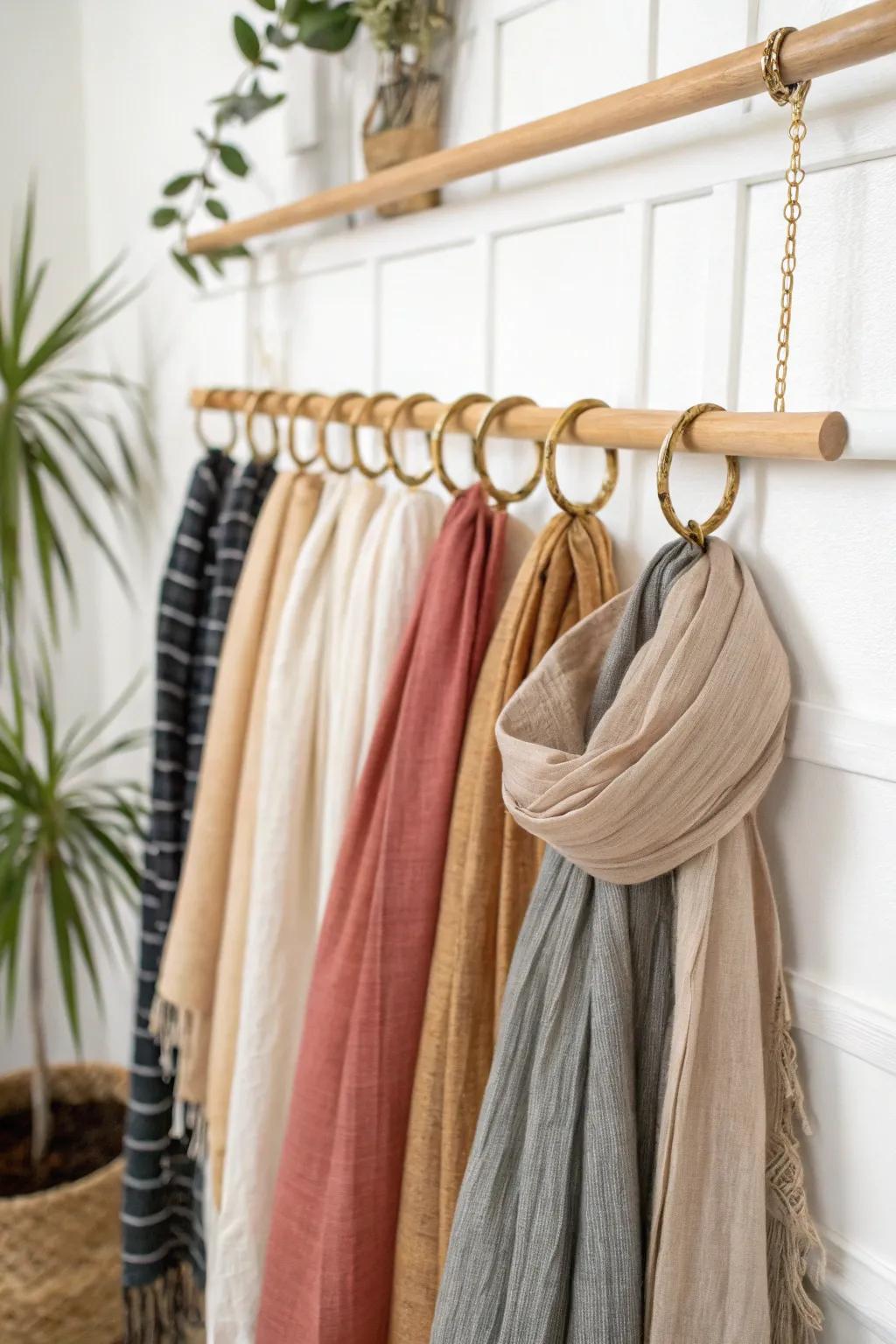 DIY ring-clip hanger keeps scarves separated, tidy, and tangle-free in tiny closets.