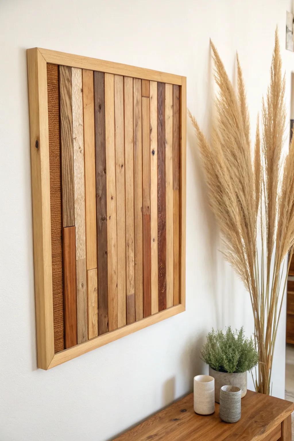 Clean, rental-friendly wall art: framed scrap wood strips that look like real gallery decor.