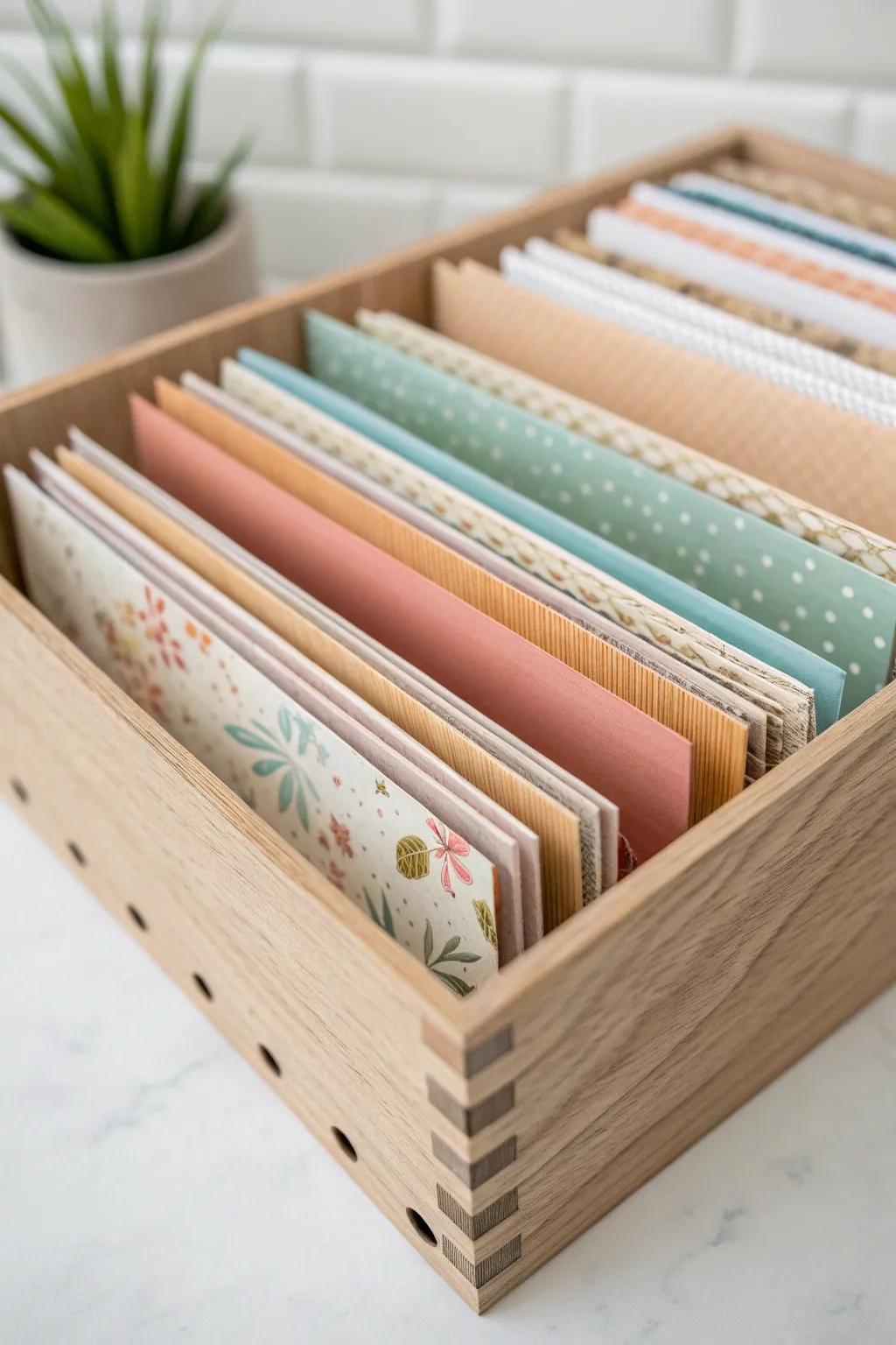 A single organizer: cardstock by color, patterned paper by theme—find the perfect vibe in seconds.