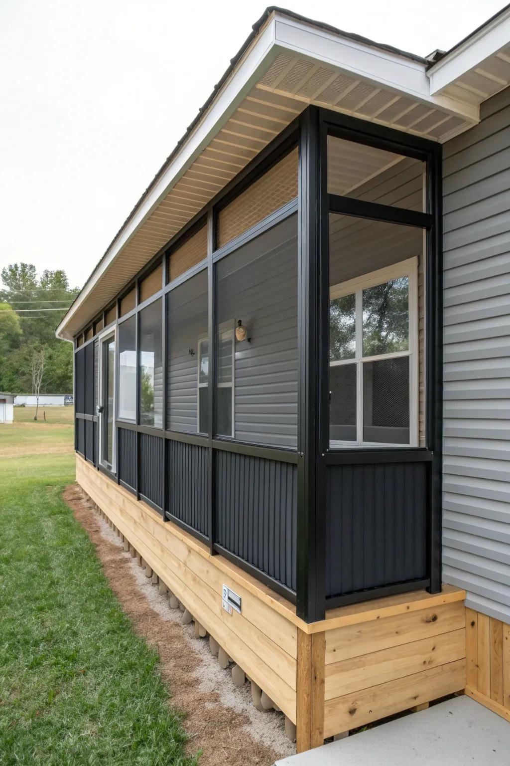 Modular screen panels aligned with vinyl seams for a clean, built-in mobile home porch look.
