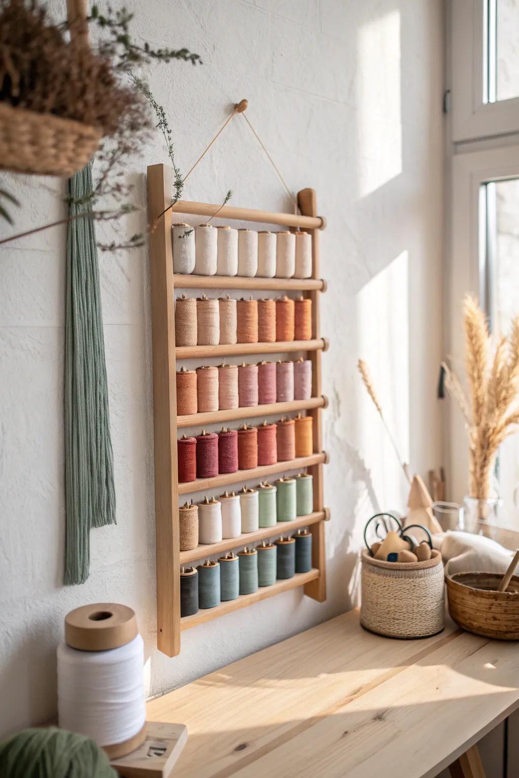 A wall-mounted thread rack turns color-sorted spools into decor—and stops duplicates.