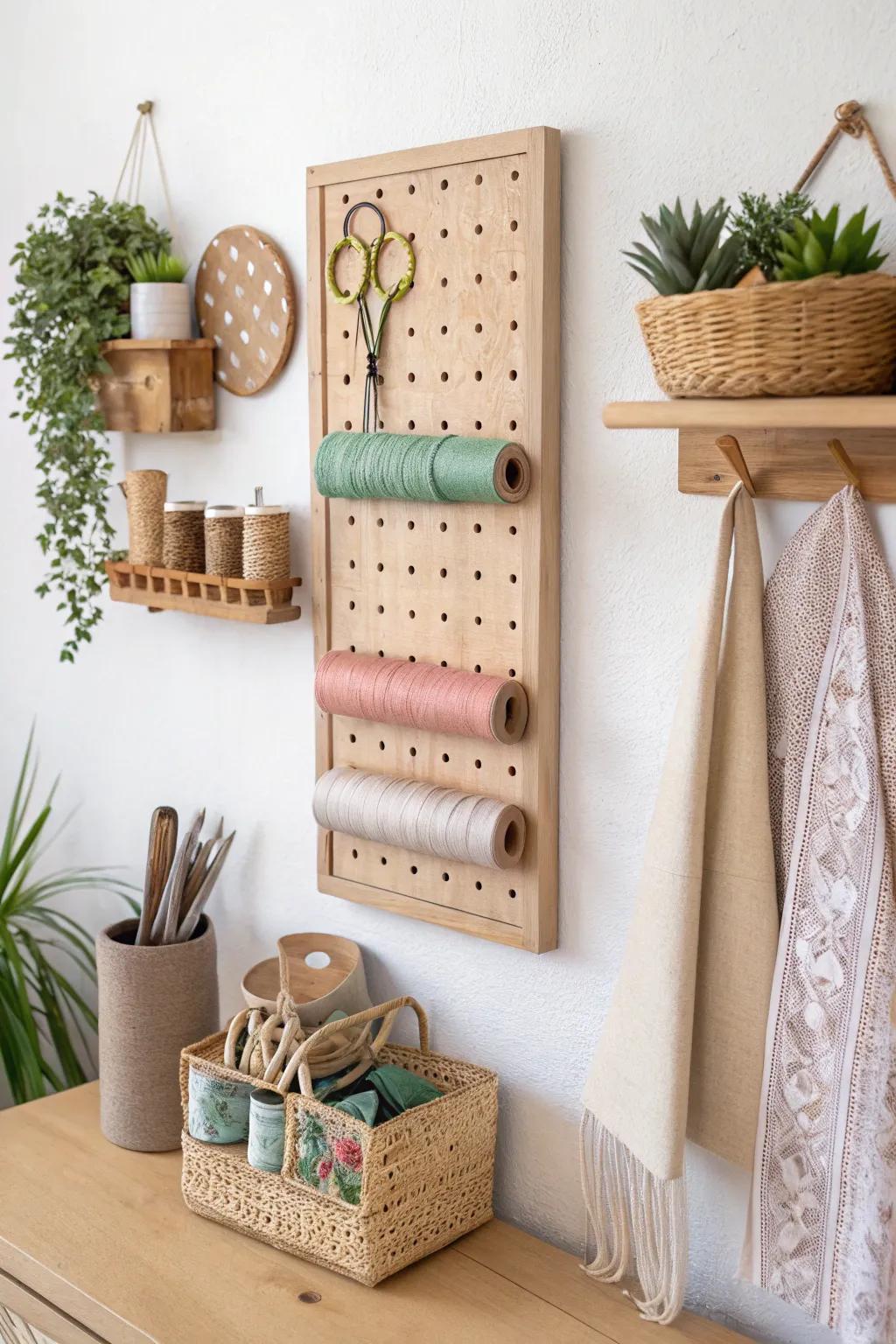 Go vertical: a calm wall pegboard keeps daily sewing tools at eye level, off the floor.