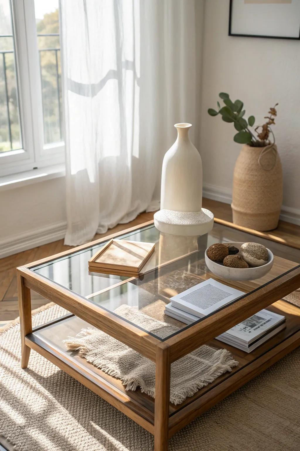 Clean neutral styling for a shadow box coffee table—calm, airy, and clutter-free.