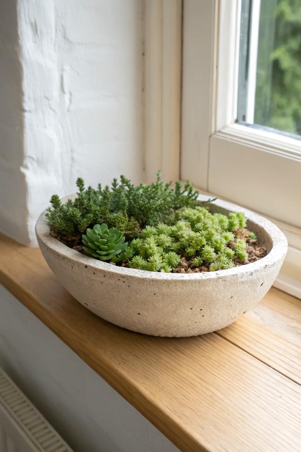 A shallow dish of trailing sedum turns a slim ledge into a living, space-saving runner.
