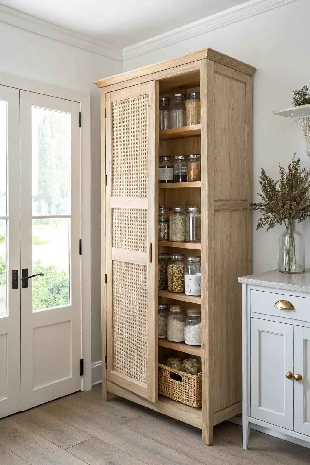 Slim floor-to-ceiling pantry cabinet—shallow storage that holds a week’s dry goods, clutter-free.