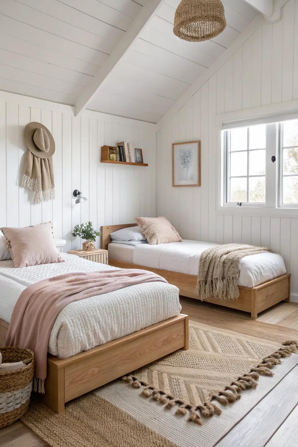 L‑shaped twin beds define two cozy corners—easy zoning for a brother‑sister shared small room.