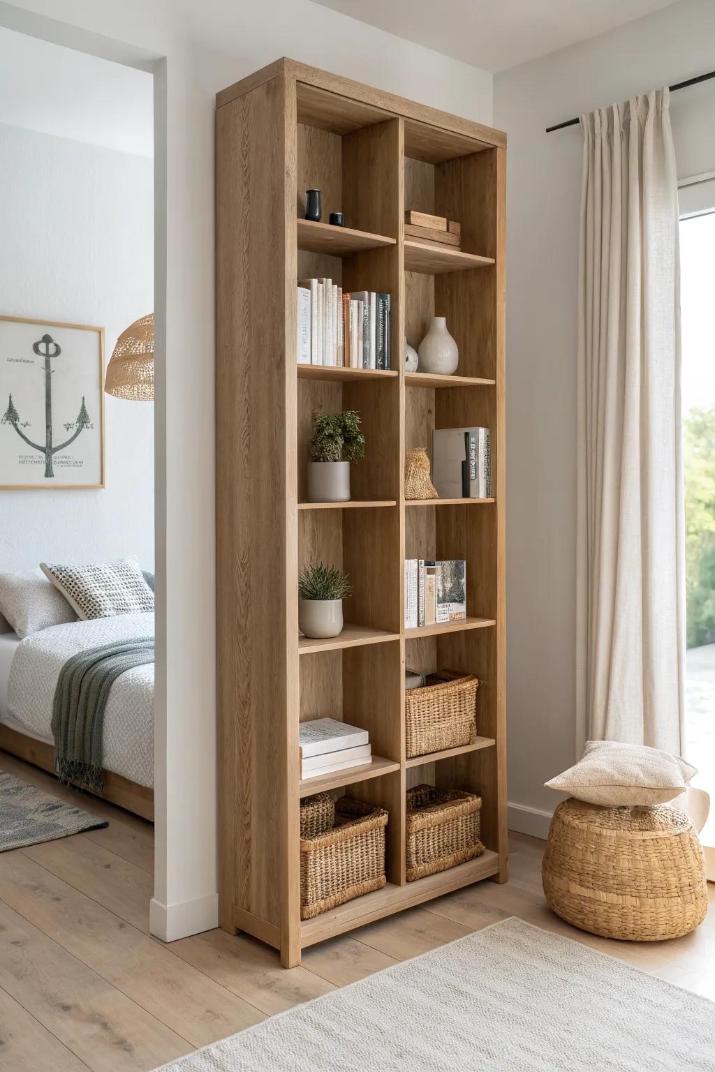 A tall open bookshelf divider adds privacy plus storage—styled evenly on both sides.