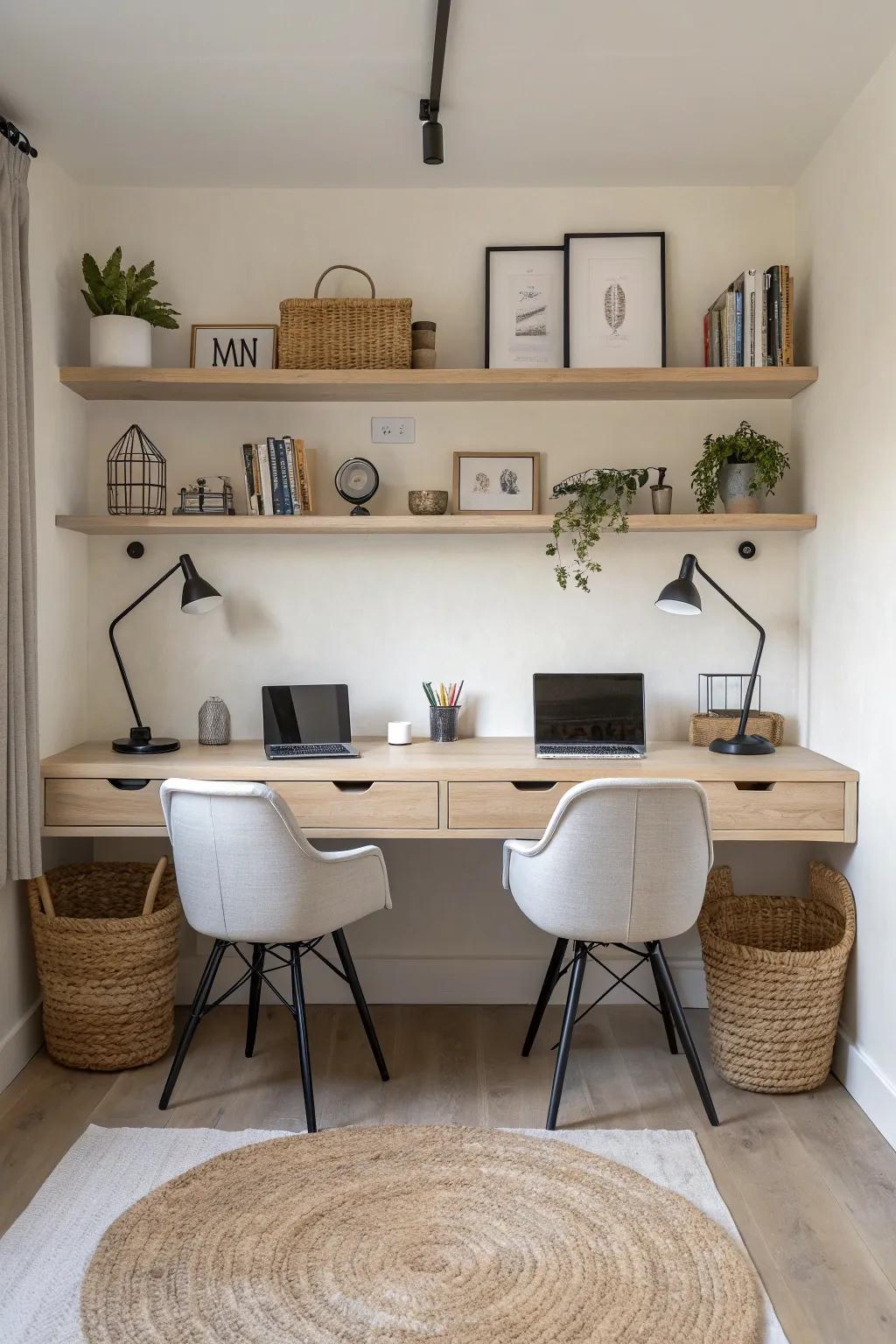 Symmetrical side‑by‑side workstations that make a shared office feel calm, even in small spaces.