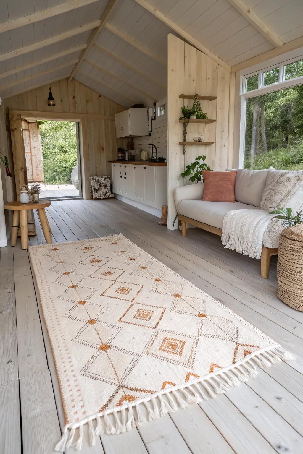 One statement rug + slim runner instantly zones a shed cabin without adding clutter.