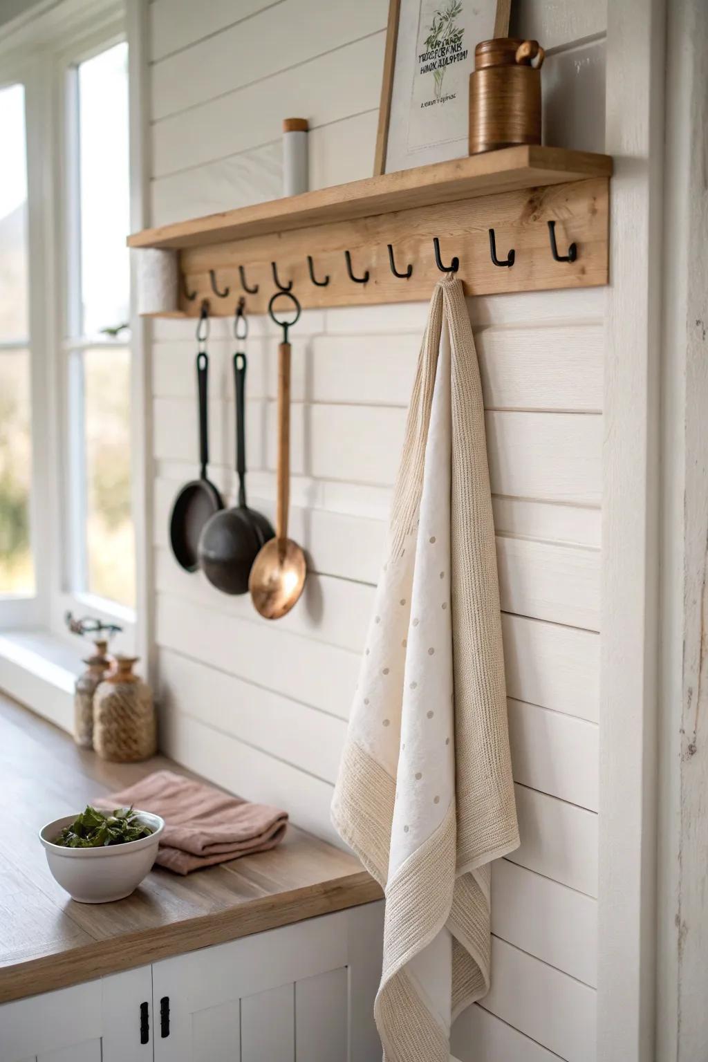 Vertical peg rail = clear counters: the simplest way to make a shed kitchen feel spacious.