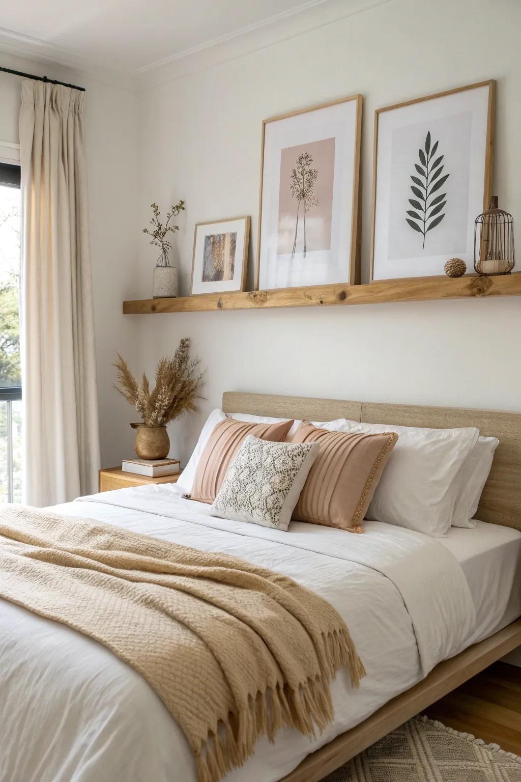 Picture ledge above the bed: swap-in frames seasonally for a renter-friendly mini gallery.