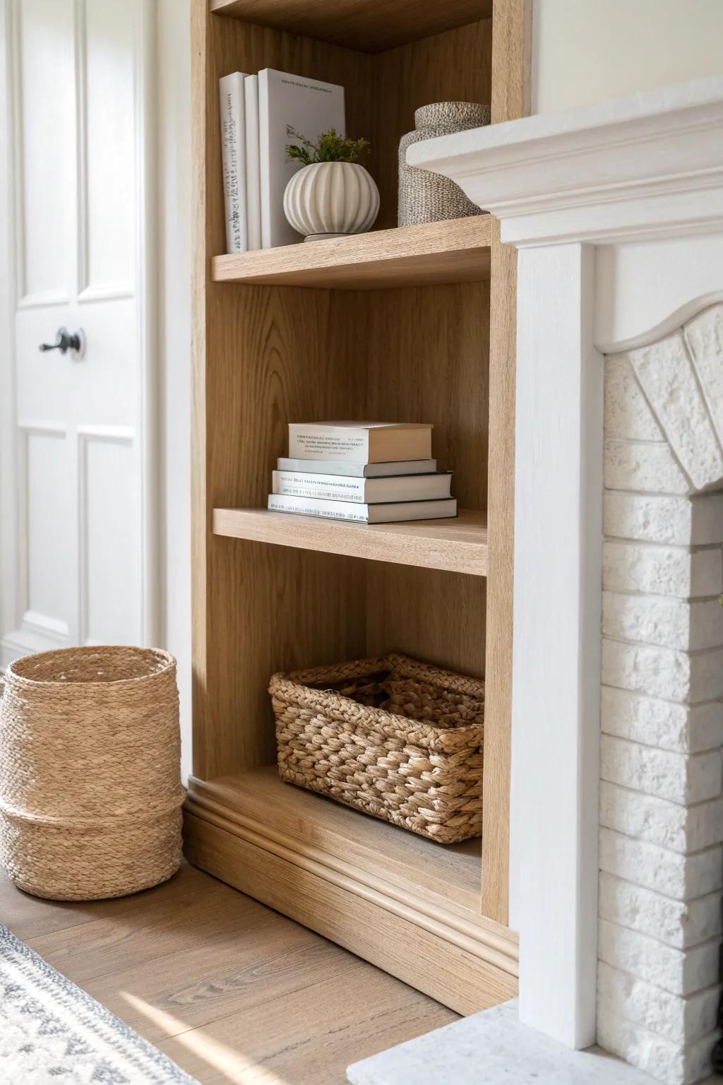 Cozy built-in shelving by the fireplace: books + a woven basket for beautiful small-space storage.