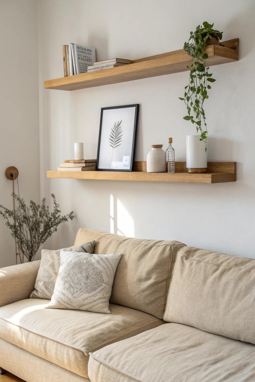 Floating shelf above the sofa—one art print and a trailing plant for light, airy vertical style.