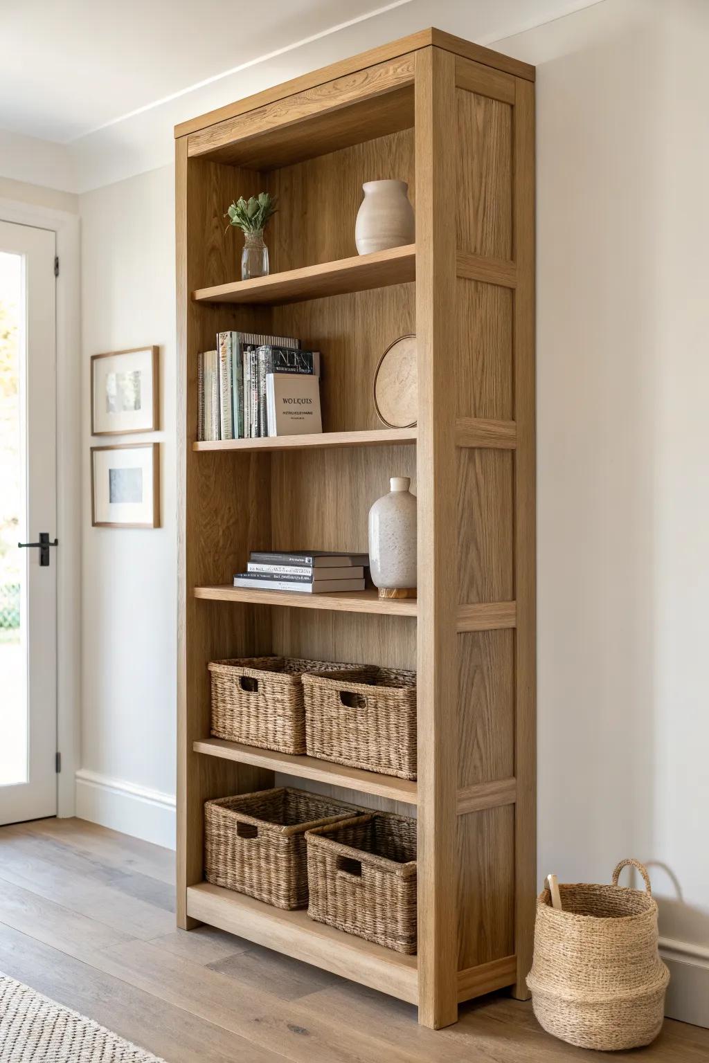 Floor-to-ceiling shelving that elevates the pretty pieces and hides bins up high—perfect for small spaces.