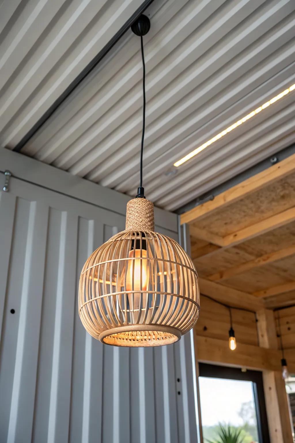 Warm rattan pendant + container ribs create the perfect guide for evenly spaced, shadow-free light.