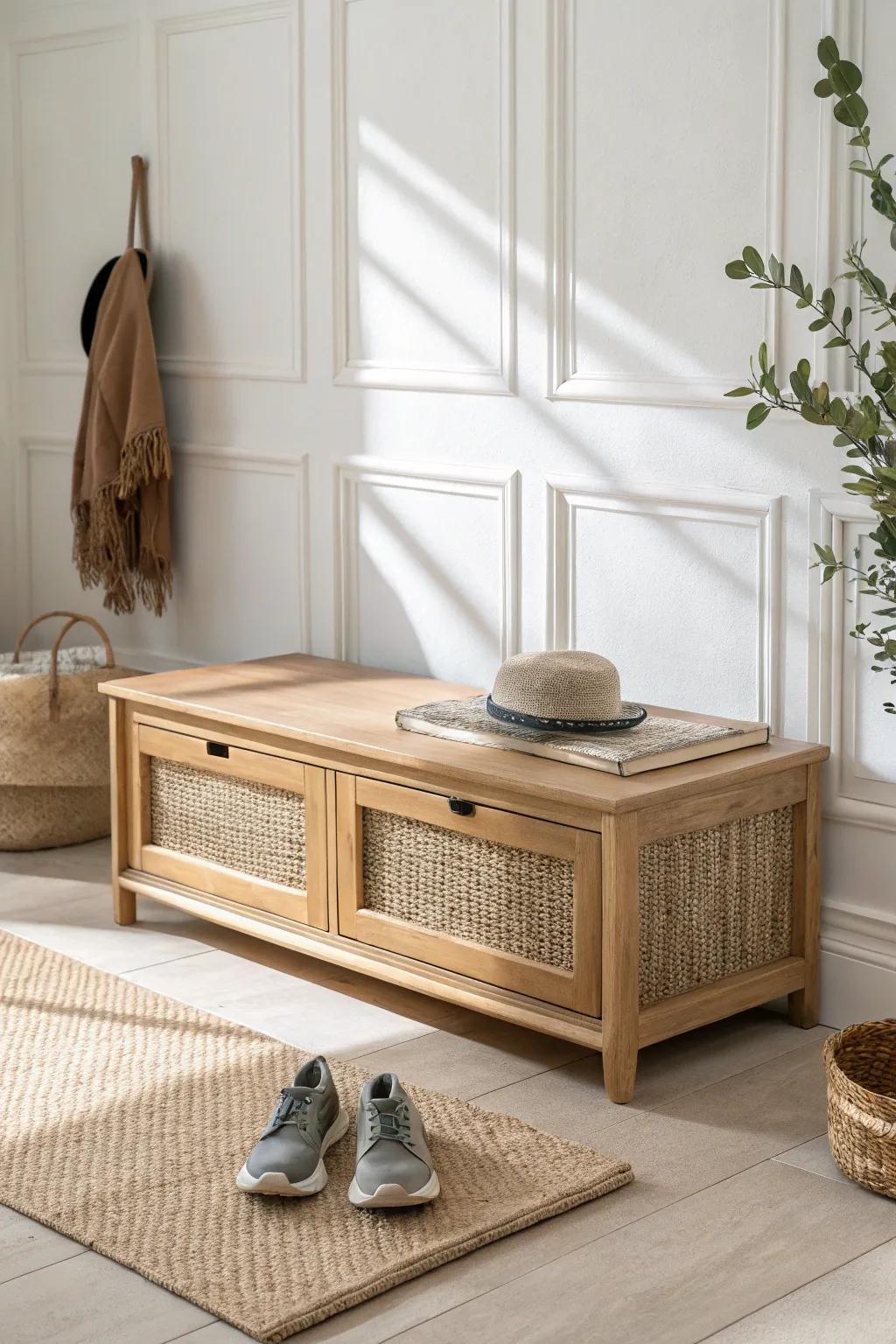 Sit-and-store bench: a chic entryway seat that hides everyday shoes for a calm, tidy look.