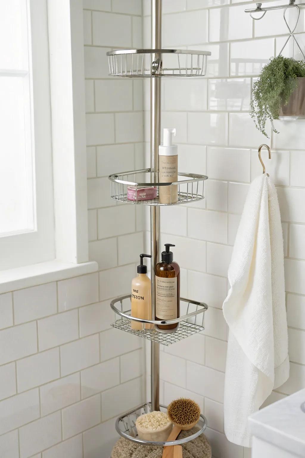 No-drill tension pole caddy—adjustable baskets that fit tall bottles in a calm, airy shower.