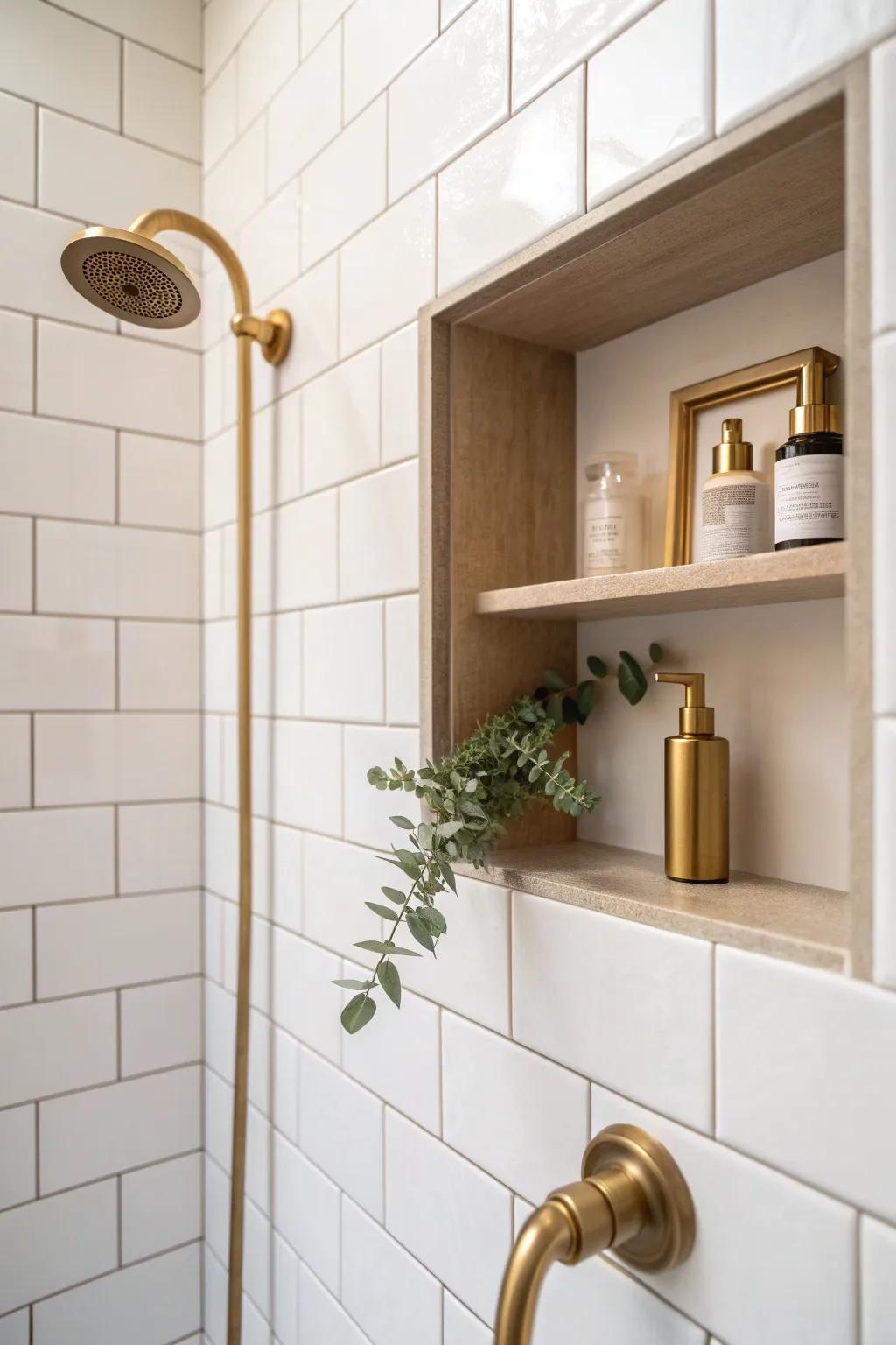 Match niche trim to your fixtures—brushed brass details make a small shower feel designed.