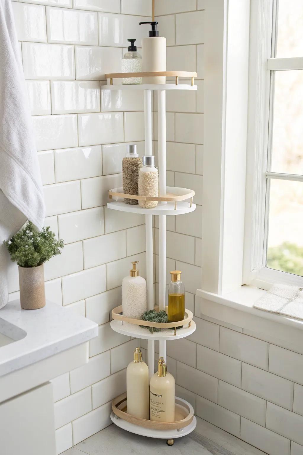 No-drill tension pole caddy: vertical corner storage with adjustable shelves for tall bottles.