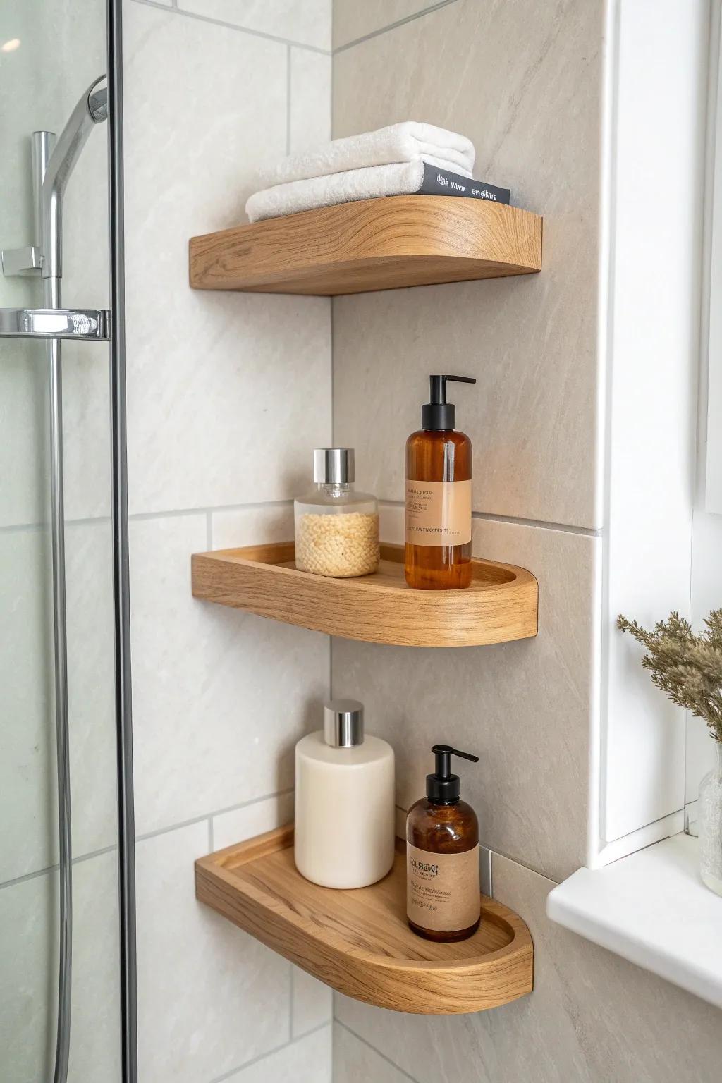 Classic corner shelf stack: three tiers of calm, crafted storage for the tiniest shower.