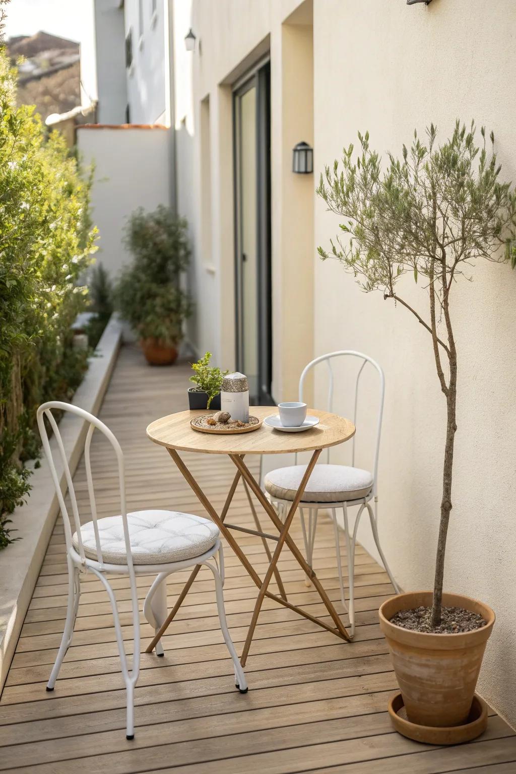 A tiny bistro set turns a narrow side patio into a charming coffee spot without crowding it.