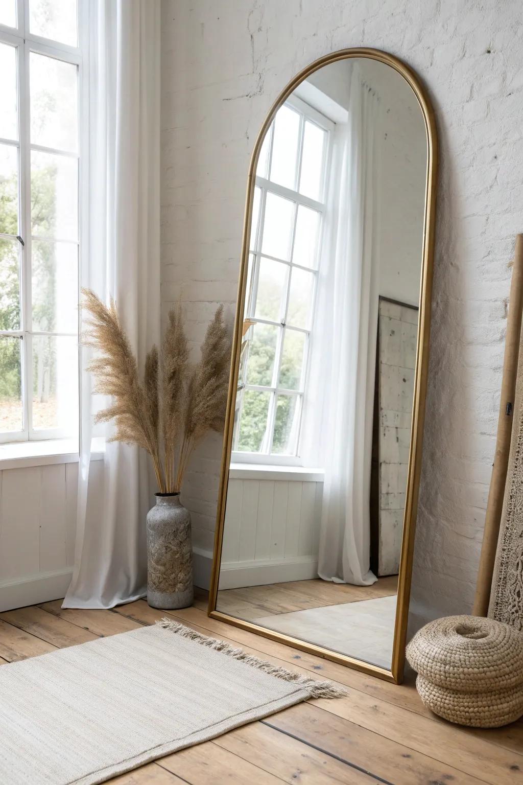 One oversized mirror opposite a sunny window instantly doubles light and opens any small room.