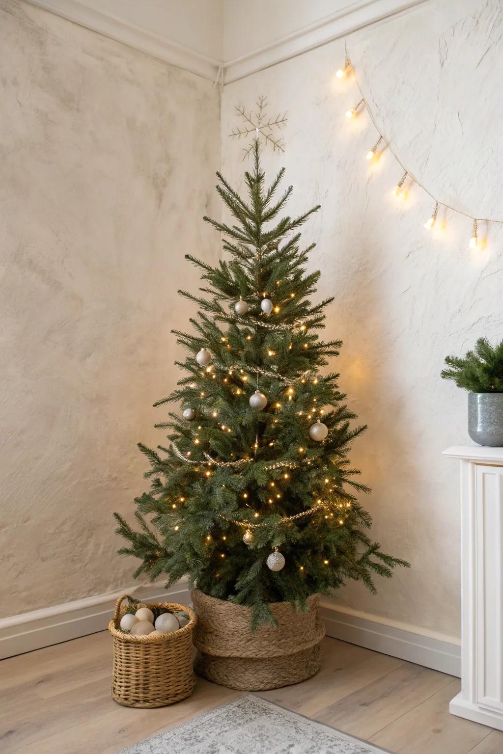 Warm white lights make a slim Christmas tree glow softly—cozy, calm, and elegant.