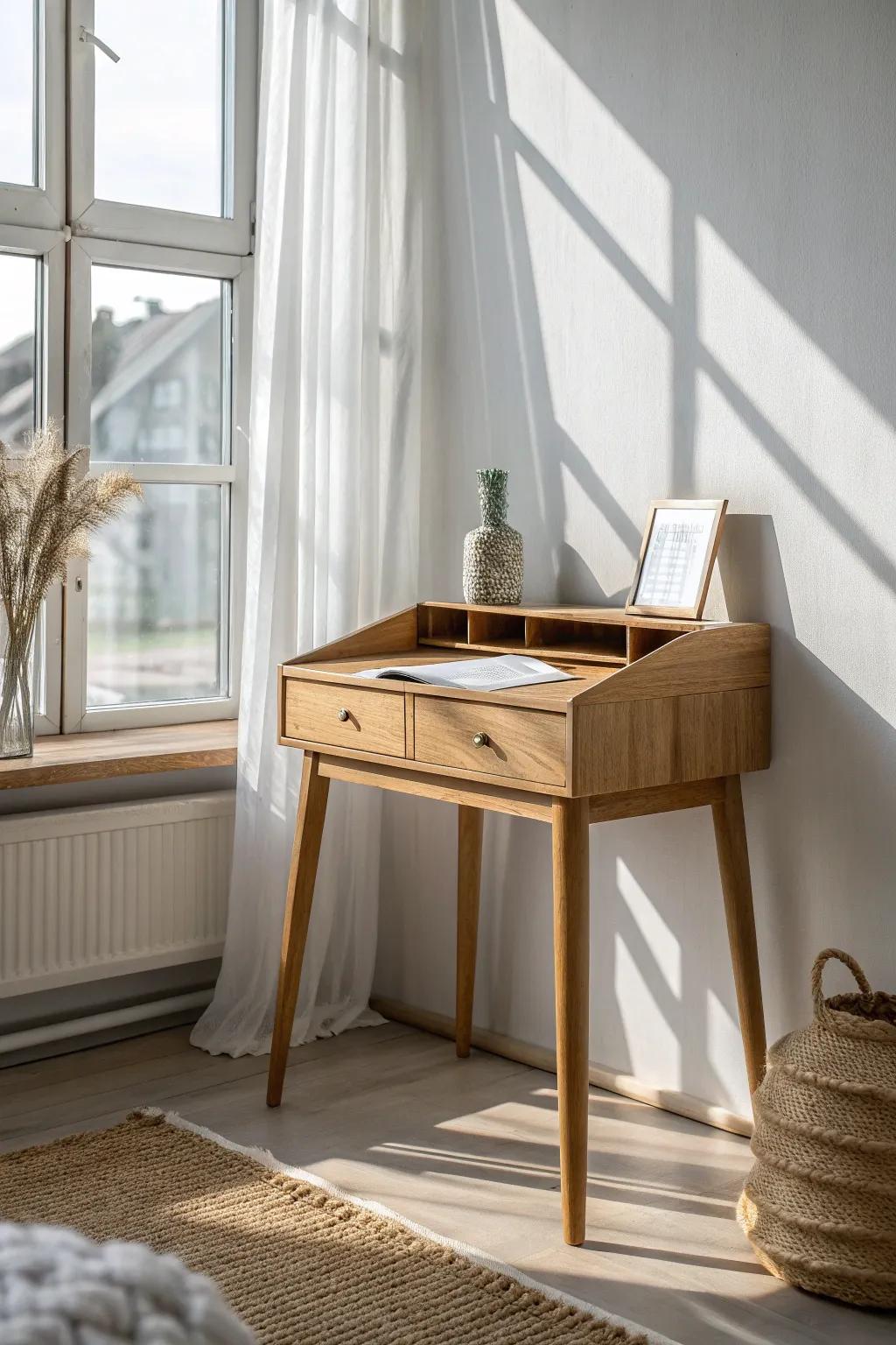 A sunlit window desk nook that keeps your dorm open, bright, and effortlessly study-ready.