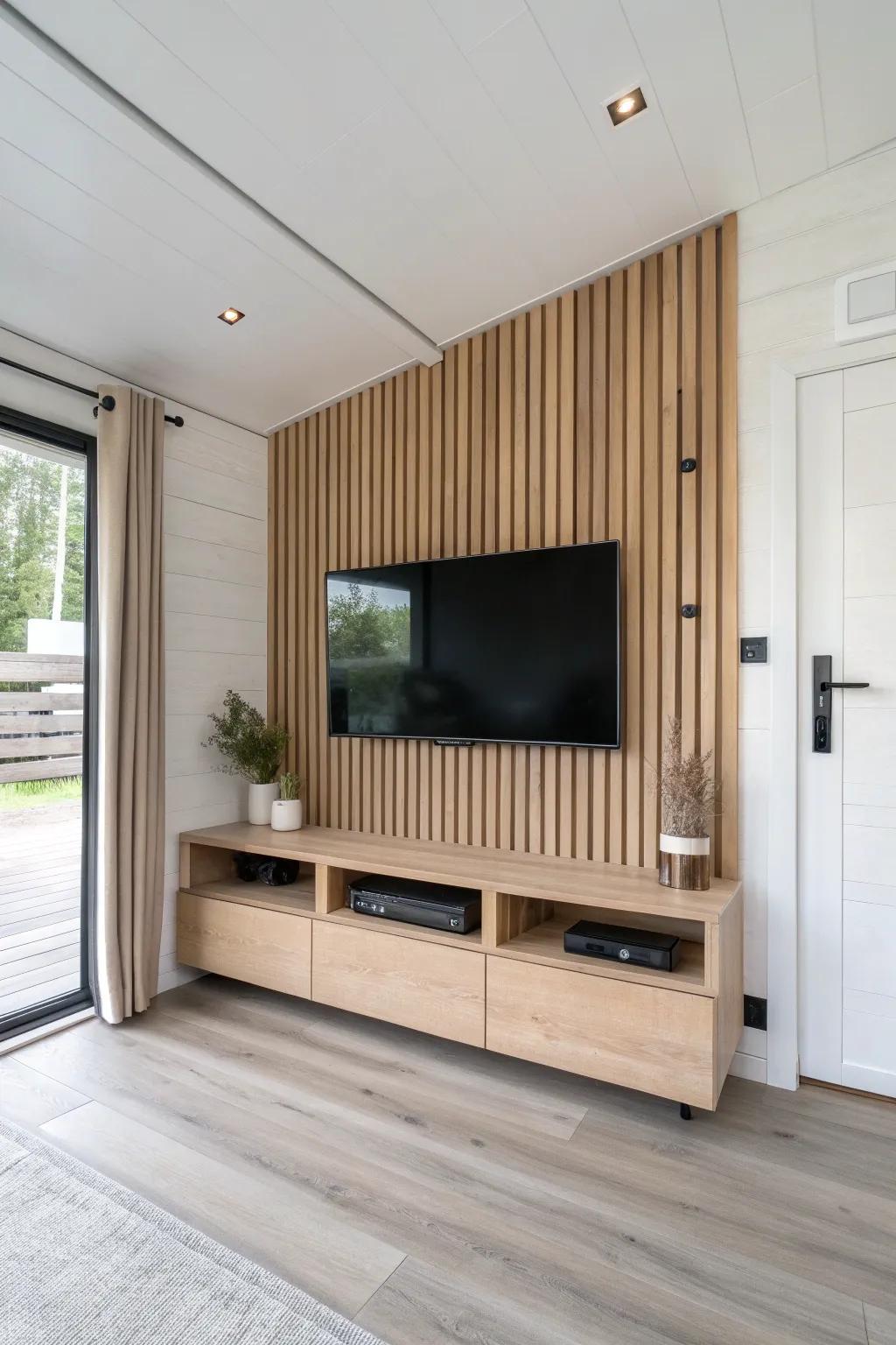 A warm oak TV focal wall that instantly anchors a single-wide living room with calm, clean style.