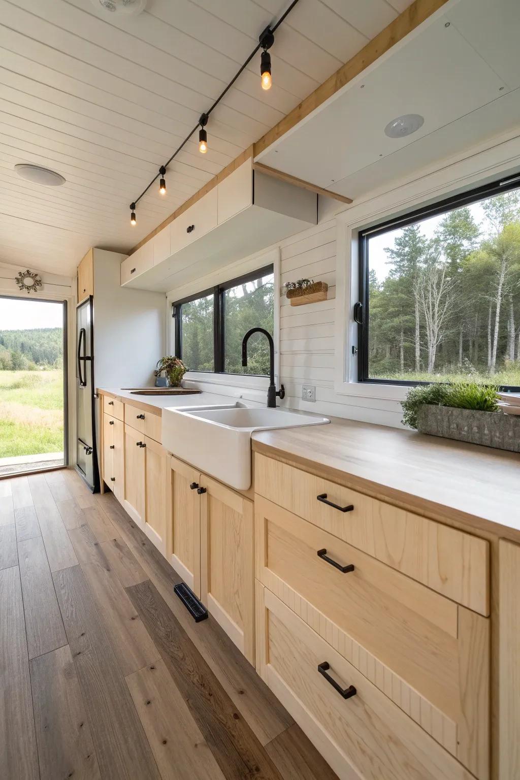 One-wall galley kitchen: deep sink + long drawers for real prep space without crowding.