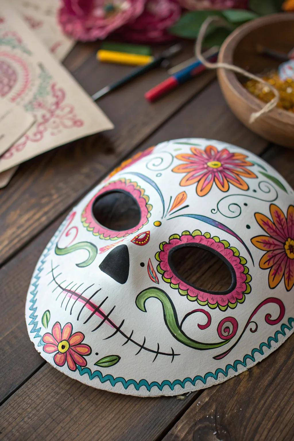 Celebrate Día de los Muertos with a handcrafted masterpiece: a vibrant sugar skull mask made from simple materials, showcasing exquisite detail and artistic flair.