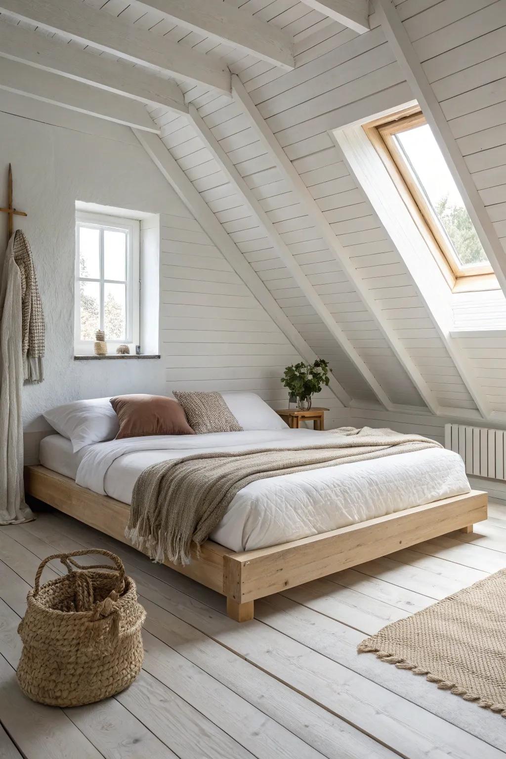 A low-profile bed instantly adds breathing room under a slanted attic ceiling—simple and serene.